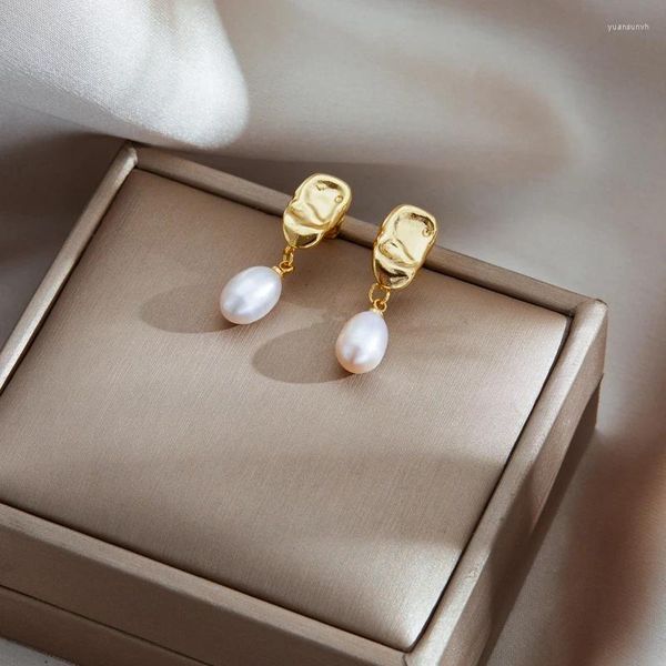 Pendientes colgantes de perlas naturales para mujer, aretes de acero inoxidable, accesorios de joyería de boda para novia coreana, regalo