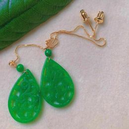 Pendientes colgantes de la moda Natural lágrima verde jadeite escultura dorada del oído del oído Día de los tontos gancho dio dio de San Valentín accesorios