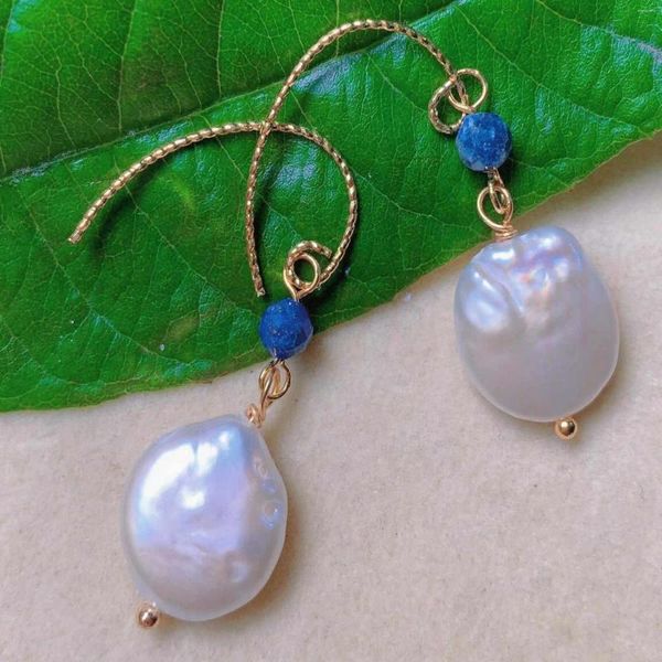 Boucles d'oreilles en peluche à la mode Natural White Perle Lapis Lazuli perle Gol