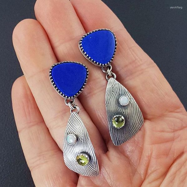 Dangle Boucles D'oreilles De Mode Bleu Marine Triangle Pierre Boho Ethnique Antique Argent Couleur Métal Belle Blanc Vert Perles Boucle D'oreille Pour Les Femmes