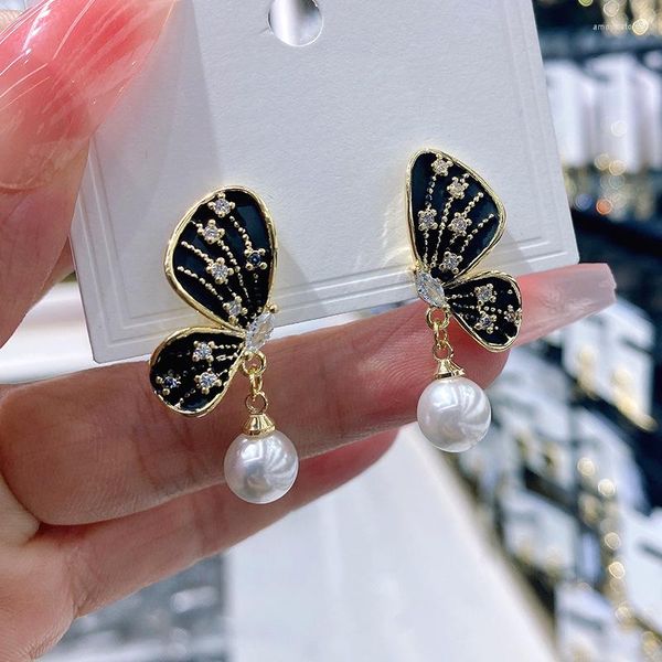 Boucles d'oreilles pendantes mode perle noir papillon goutte pour les femmes Style coréen Micro pavé bijoux en gros