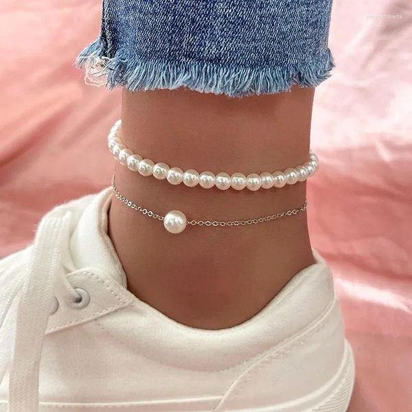 Boucles d'oreilles pendantes en perles pour femmes, Double couche, Bracelet de cheville, Imitation de plage, pieds nus, sandale, chaîne de jambe, bijoux de pied