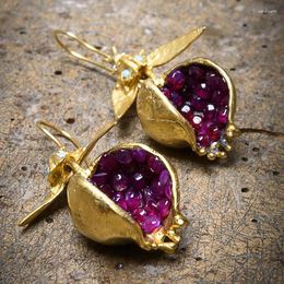 Boucles d'oreilles pendantes en forme de graines de grenade, bijoux ethniques, couleur or, feuille en métal, violet, rouge, pierre de grenat, cadeau