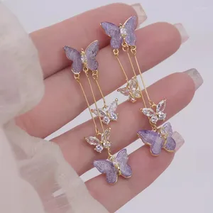 Boucles d'oreilles pendantes en cristal violet papillon, longs pampilles, tempérament doux et charmant, bijoux de fête, cadeau Premium, vente en gros