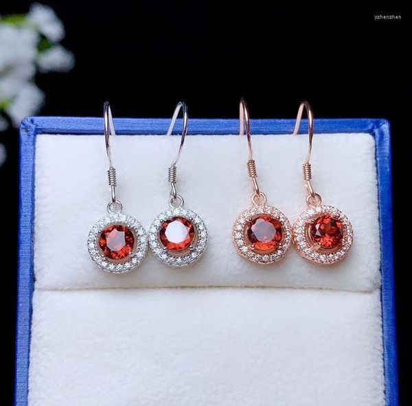 Pendientes colgantes Moda Granate rojo Piedra preciosa Pendiente colgante con gancho para mujer Joyería Gema natural Plata 925 real Chapado en oro rosa Bueno