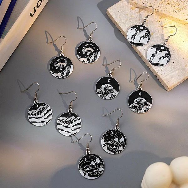 Boucles d'oreilles pendantes en alliage de peinture de paysage rétro pour femmes, Art classique, vague de montagne, goutte d'huile, goutte d'oreille, bijoux de charme à la mode