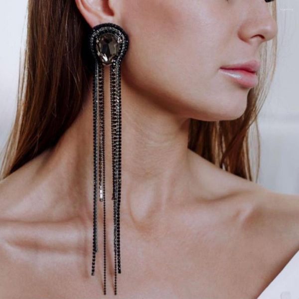 Pendientes colgantes de moda con borlas largas de diamantes de imitación para mujer con flecos de cristal grande negro Boutique joyería banquete fiesta Show