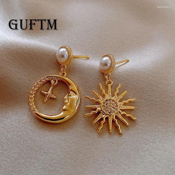 Pendientes colgantes de moda con diamantes de imitación y perlas para mujer, estrella Retro, Luna, chica asimétrica, tótem del sol de Egipto, joyería