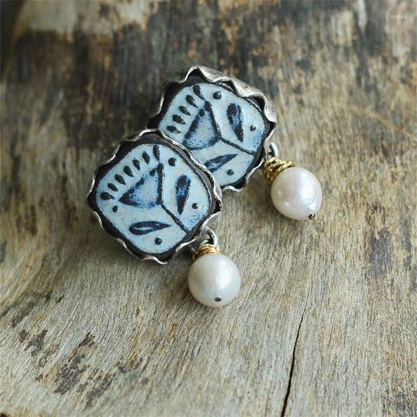 Boucles d'oreilles pendantes mode ronde Imitation perle Vintage couleur argent métal carré moulé sous pression motif fleur