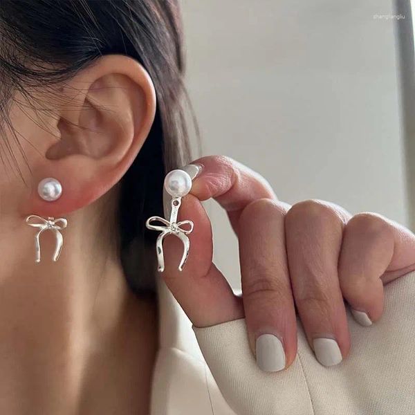 Pendientes colgantes de moda Color plateado Pearl Bownot Drop para mujeres Minimalista Long Ribbon Orientación de orejas Joyas Brincos regalo