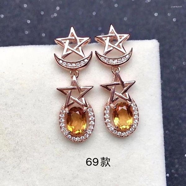 Boucles d'oreilles pendantes en argent, étoile et lune, goutte d'eau pour fête, qualité VVS, Citrine naturelle, solide, bijoux 925, 5mm, 7mm