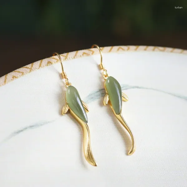 Boucles d'oreilles pendantes en forme de poisson Simple, Jade vert pour femmes, cadeau de vacances de mariage, Vintage, couleur or, crochet d'oreille, accessoires de bijoux