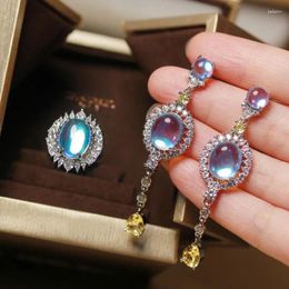 Dangle Oorbellen Mode Eenvoudige Lichtblauwe Maansteen CZ Steen Drop Ovale Glinsterende Maanlicht Transparante Ring Vrouwen Sieraden