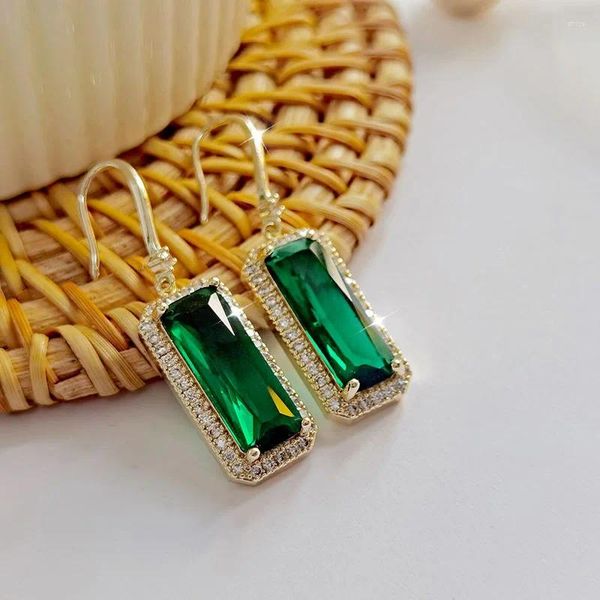 Pendientes colgantes de moda simples rectangulares verdes CZ gota de piedra Zirconia cúbica joyería de mujer bonito Color dorado