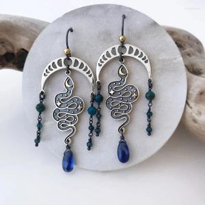 Pendientes colgantes moda estrella Luna serpentina gota Animal serpiente azul cristal borla colgante joyería para mujer fiesta de cumpleaños