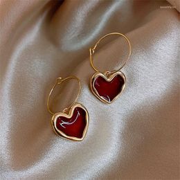 Bengelen oorbellen mode zoete bordeaux email hart voor vrouwen meisje goud kleur metaal met metaal hangende sieraden