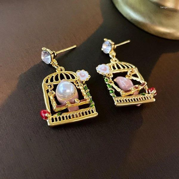 Pendientes colgantes a la moda para mujer y niña, aretes con forma de jaula de pájaros y perlas, diseño creativo con personalidad, joyería