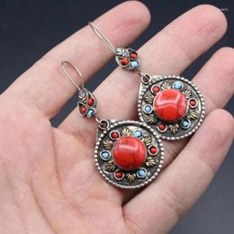 Boucles d'oreilles pendantes Vintage rondes en métal incrusté de pierre rouge bleue pour femmes, Type crochet suspendu, bijoux de tribu, cadeaux