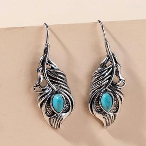Boucles d'oreilles pendantes Vintage en forme de plume Turquoise pour femmes, ethnique, couleur argent, bijoux pendants, cadeaux