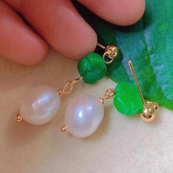 Boucles d'oreilles pendantes à la mode, coquille d'œuf blanche, perle verte, Sculpture de Jade, bureau, perles unisexes à clipser, pierres précieuses en argent, fête de chute