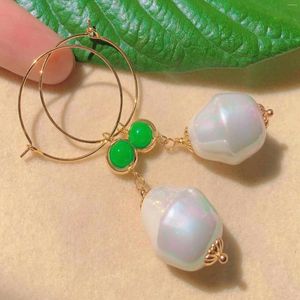 Boucles d'oreilles en peluche enjolissantes Blanc Irrégules perle verts jade perles d'or anniversaire diamant en or