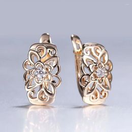 Boucles d'oreilles pendantes pour femmes, couleur or Rose, pierre CZ sculptée en forme de fleur, bijoux de mariage pour filles, GE329A, 585