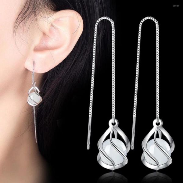 Pendientes colgantes de moda para mujer, pendientes de plata de ley 925, colgante de ópalo, joyería geométrica, pendiente largo