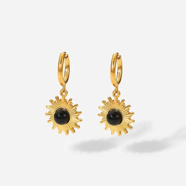 Pendientes colgantes de moda, joyería de acero inoxidable chapada en oro de 18 quilates, colgante de sol de ágata negra, aro para mujer