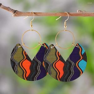 Boucles d'oreilles pendantes à la mode bleu teint motif artistique bohème double face bois panneau à rayures géométriques femmes