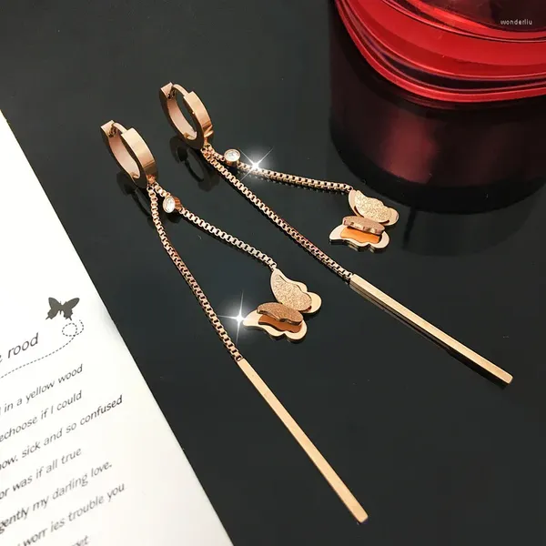 Boucles d'oreilles pendantes à la mode, tempérament papillon, Long pampille en acier titane pour femme, ne se décolore pas, Anti-allergique, bijoux d'oreille