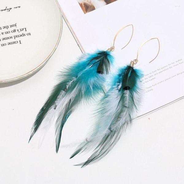 Pendientes colgantes de plumas simples para mujer, joyería colgante de pelo largo de avestruz, moda Retro, Navidad, viento étnico