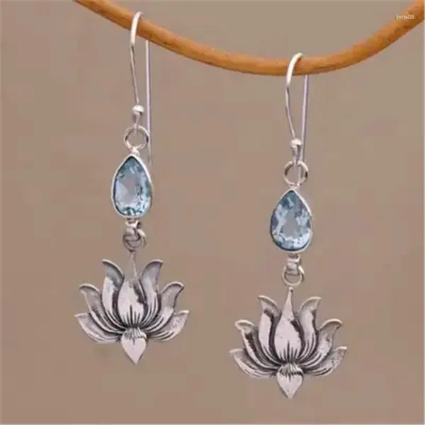 Boucles d'oreilles pendantes en forme de fleur de Lotus pour femmes, breloque goutte d'eau bleue, couleur argent, cadeaux de mariage pour Couple, vente en gros
