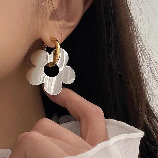 Pendientes colgantes FFLACELL Metal coreano oro plata colores llamativos geométrico Irregular hueco espejo flor para mujeres niñas joyería