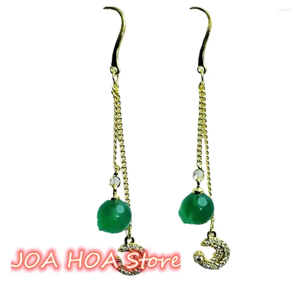 Boucles d'oreilles pendantes, bijoux fins, longue chaîne, perle de Jade verte, argent 925, plaqué or, incrusté d'agate de calcédoine, accessoires d'oreille