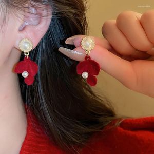 Boucles d'oreilles pendantes pour femmes, feuilles floquées, perles rondes, mode rétro, bijoux de fête quotidiens