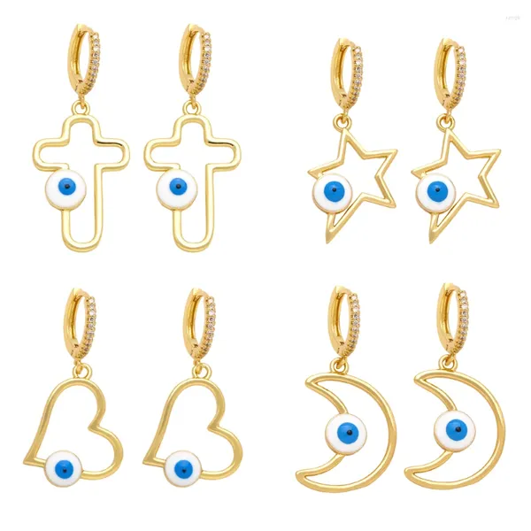 Pendientes colgantes FLOLA Pave Blue Eye Cross para mujer CZ Crystal Hoops Moon Star chapado en oro joyería regalos Ersr97