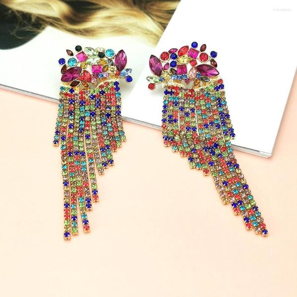 Boucles d'oreilles pendantes en cristal pour femmes, Design floral, Long pampille, strass colorés, goutte, bijoux de déclaration UKEN
