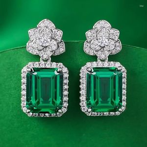 Dangle Oorbellen Bloem Emerald Diamond Earring Real 925 Sterling Silver Wedding Drop Voor Vrouwen Bruidsbelofte Sieraden Cadeau