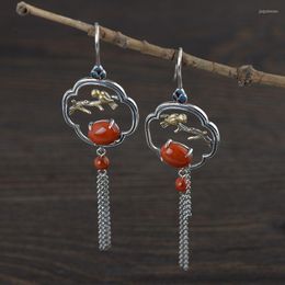Boucles d'oreilles pendantes FNJ 925 argent oiseau gland pour femmes bijoux pur Original S925 Sterling goutte boucle d'oreille rouge Agate