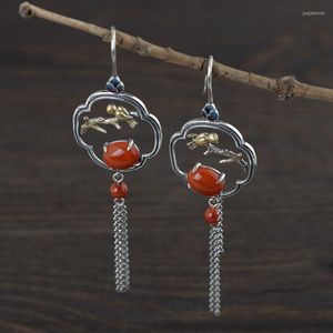 Bengelen oorbellen fnj 925 zilveren vogel kwastje voor vrouwen sieraden pure originele s925 sterling druppel oorrang rode agaat