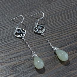 Boucles d'oreilles pendantes FNJ 925 argent prune Bossom fleur pour femmes bijoux S925 Sterling boucle d'oreille goutte naturel Hetian Jade