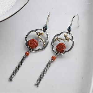 Bengelen oorbellen fnj 925 zilveren rozenbloem voor vrouwen sieraden puur origineel s925 sterling druppel rode agaat vogel kwastje