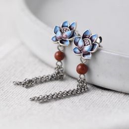 Boucles d'oreilles pendantes FNJ émail Lotus 925 argent pur Original S925 Sterling goutte boucle d'oreille pour femmes bijoux rouge Agate gland