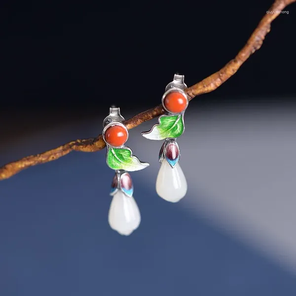 Boucles d'oreilles FNJ Hetian Jade Shaolan feuille 925 argent Original pur S925 Sterling boucle d'oreille pour femmes bijoux Agate rouge