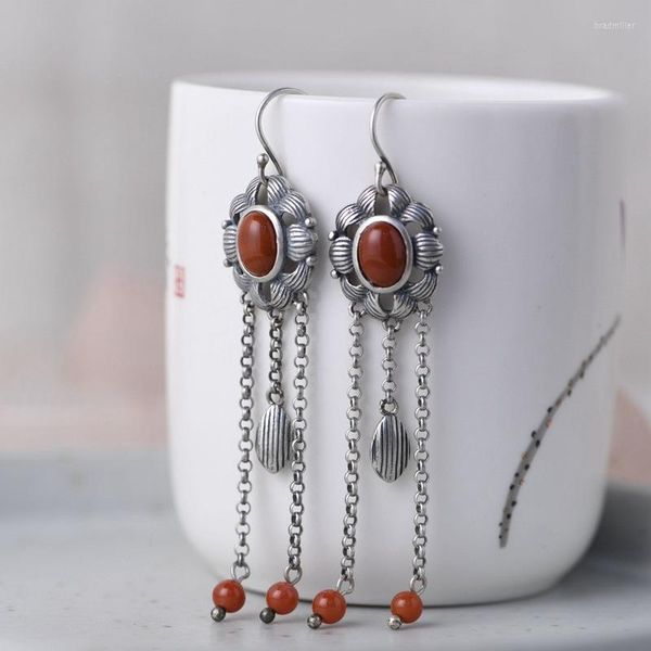 Boucles d'oreilles pendantes FNJ Long gland 925 argent pur Original S925 Sterling boucle d'oreille pour les femmes bijoux Agate rouge