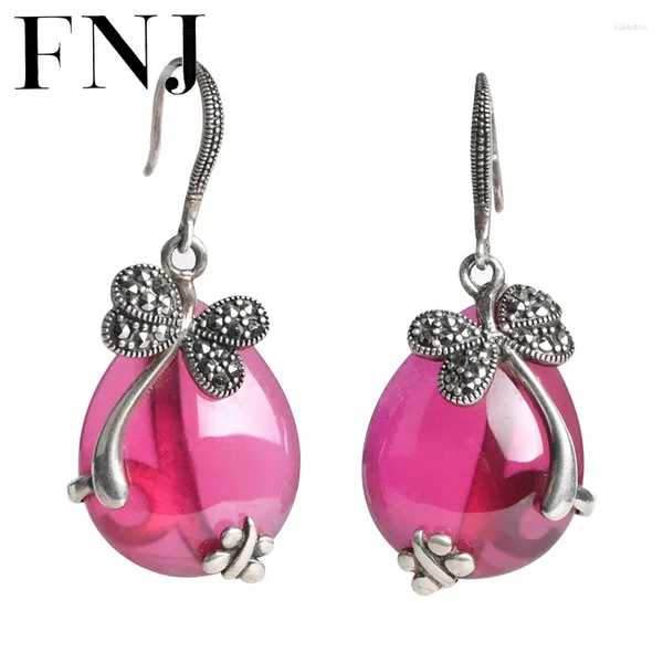 Boucles d'oreilles pendantes FNJ marcassite goutte 925 argent Original pur S925 Sterling boucle d'oreille pour femmes bijoux Rose corindon paon