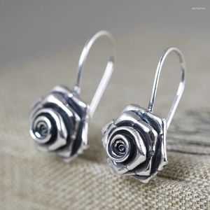 Boucles d'oreilles FNJ Rose fleur 925 argent Original pur S925 Sterling goutte boucle d'oreille pour les femmes bijoux Vintage