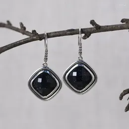 Boucles d'oreilles pendantes FNJ carré 925 argent Original pur S925 Sterling boucle d'oreille pour femmes bijoux pierre noire Shajing