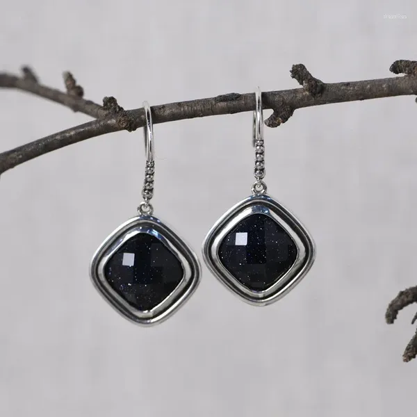 Pendientes colgantes FNJ Square 925 Plata Original pura S925 Sterling pendiente de gota para mujer joyería piedra negra Shajing