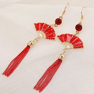 Boucles d'oreilles pendantes en forme d'éventail pliant, fabrication soignée, symbole de vacances, bijoux rouges, pompon en métal festif